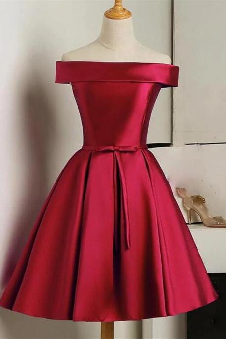 Cute Hand Made Short Satin Party Dress Red Off Shoulder Prom Dress F49