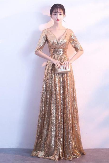 Pretty Gold Sequins Long V-neckline Bridesmaid Dress Evening Dress Floor Length Party Dress F54