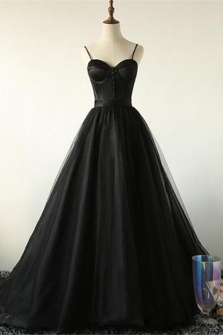 Custom Hand Made Elegant Black Straps Tulle Sweetheart Prom Dress Evening Black Party Dress F56