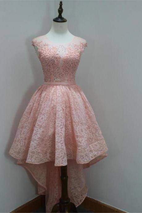 Stylish Round Neck High Low Lace Pink Evening Dress Homecoming Dress Prom Dress F58