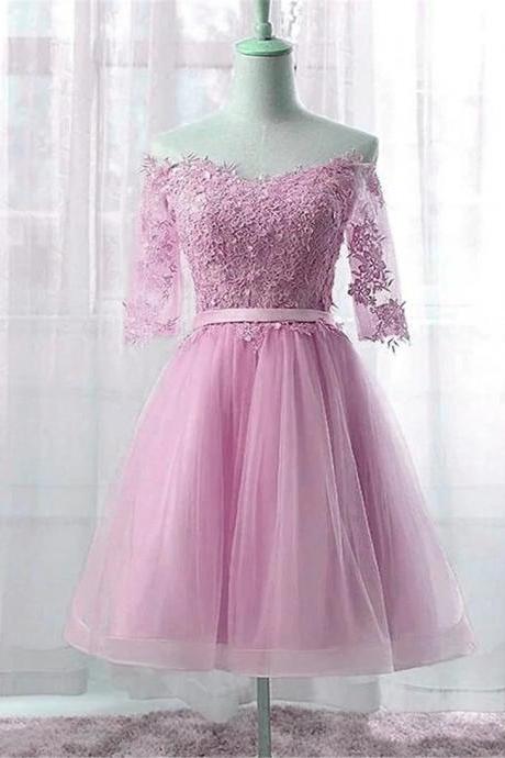 Cute Hand Made Pink Knee Length Short Sleeves Party Dress Evening Tulle Prom Dress F64
