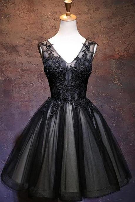 Hand Made Black V-neckline Lace And Tulle Party Dress Evening Short Prom Dress F65
