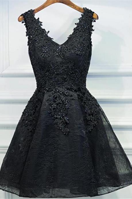 Hand Made Custom Lace V-neckline Short Black Lace Prom Dresses Black Homecoming Dresses F66