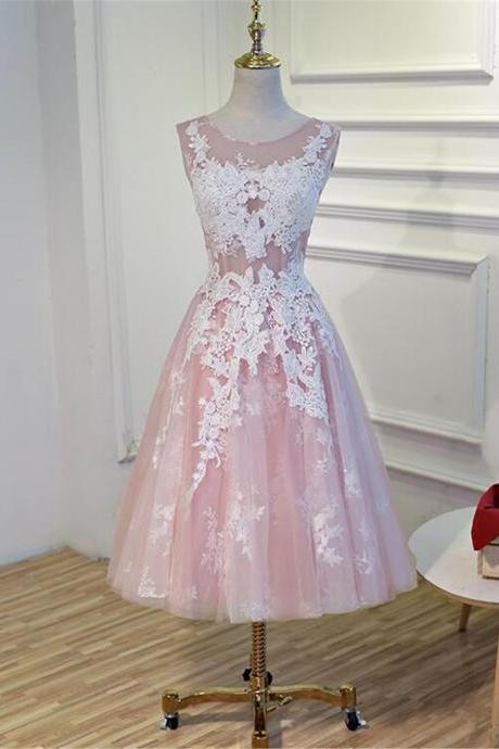Cute Hand Made Custom Pink Lace Knee Length Party Dress Evening Round Neckline Short Prom Dress F67
