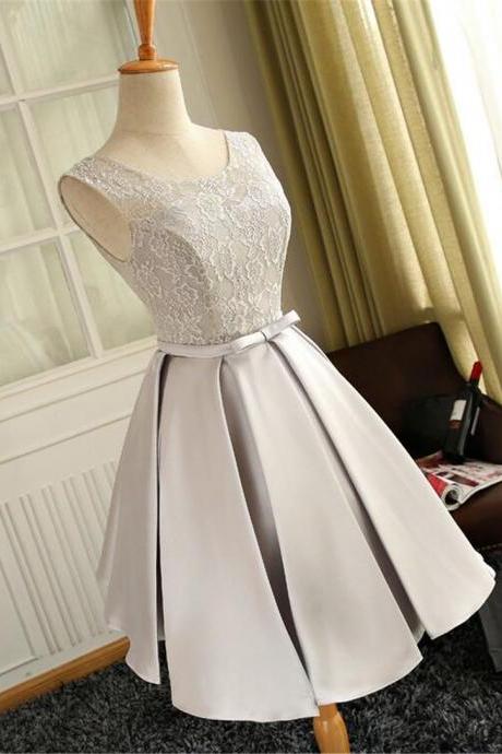 Custom Simple Lace and Satin Knee Length Round Neckline Party Dress Evening Short Prom Dress F68
