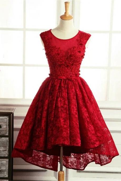 Lovely Hand Made Custom Lace Round Neckline High Low Homecoming Dress Red High Low Party Dress F71
