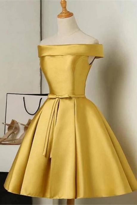 Cute Gold Satin Knee Length Homecoming Dress A-Line Evening Short Prom Dress F72