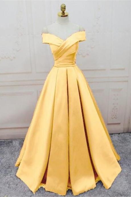 Yellow Satin Long Handmade Party Dress Evening Off the Shoulder Formal Dress F75
