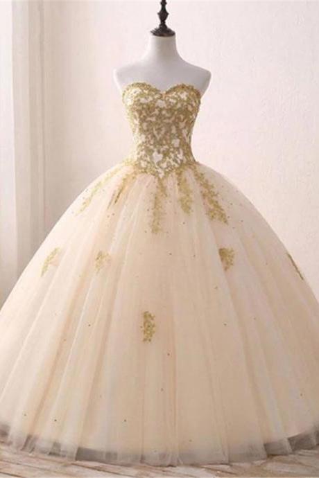 Hand Made Custom Light Champagne Ball Gown Party Dress Evening dress with Gold Applique F76
