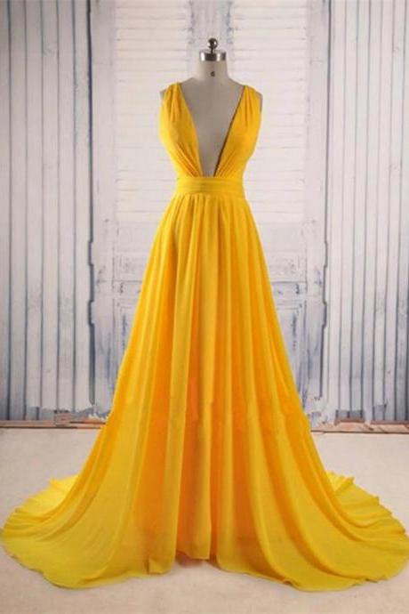 New Sexy V Neck Yellow Prom Dress with Sweep Train Evening Formal Dress Party Dress F77
