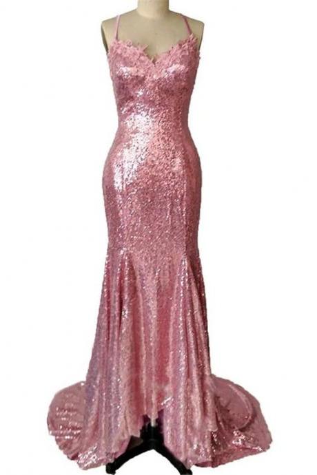 Pink Sequins Mermaid Long Party Dress Evening Sexy Cross Back Long Formal Dress F78
