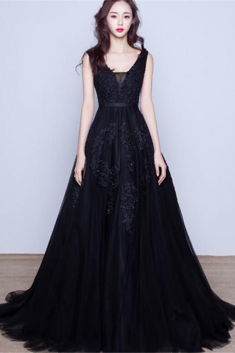 Hand Made Black Tulle V-neckline Lace Applique Party Dress Evening Prom Gown F80