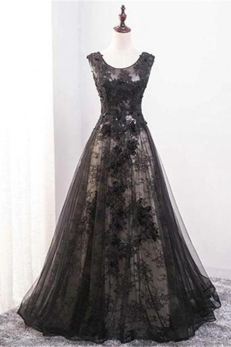 Custom Hand Made Black Tulle A-line Long Party Dress Tulle and Lace Formal Dress F83
