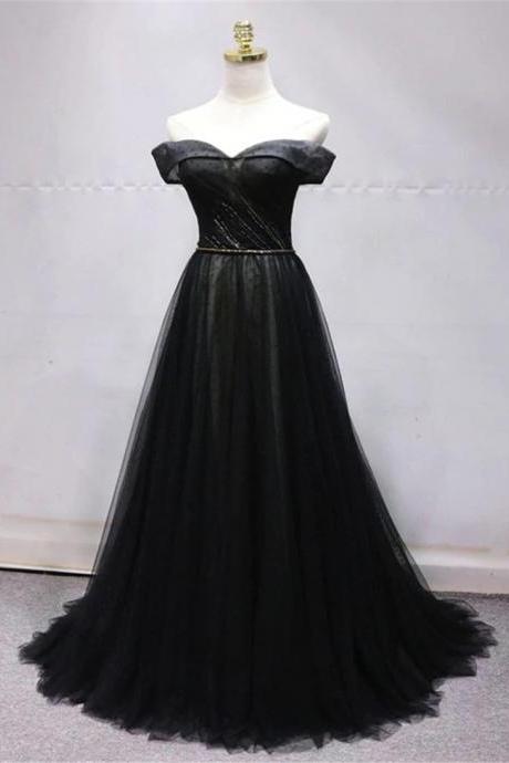 Elegant Black Off Shoulder Tulle Gown Evening Dress Long Formal Dress F84
