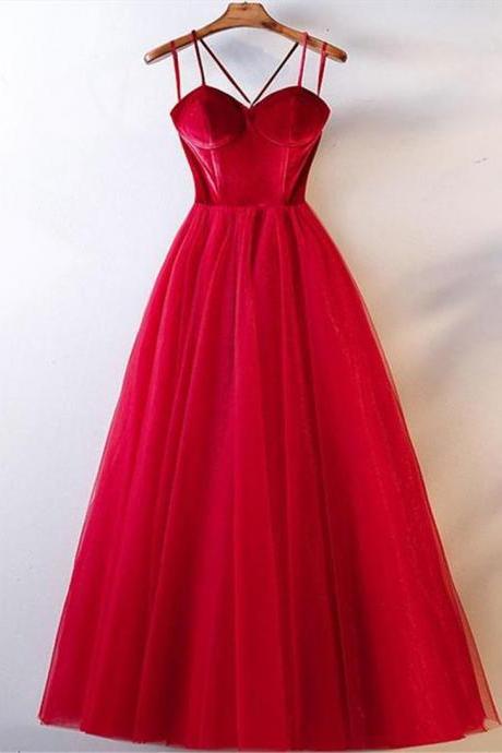 Hand Made Custom Velvet Straps and Tulle Long Formal Dress Evening Red Party Gown F90