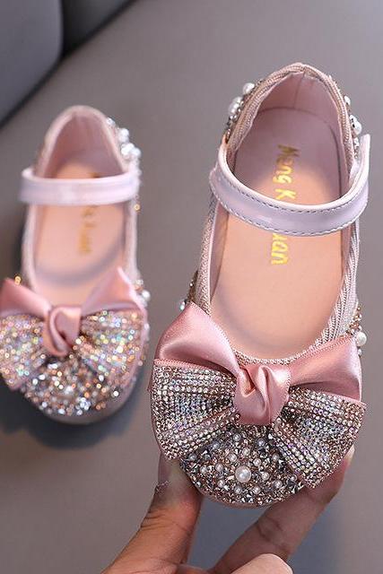 Children Leather Shoes Rhinestone Bow Princess Girls Party Dance Shoes Baby Student Flats Kids Performance Shoes S01