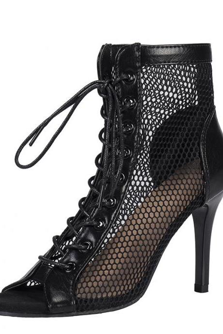 Sandals Hollow Mesh Heels Women&amp;#039;s Shoes Summer Trend Black Lace-up Sexy Peep Toe Boots Stilettos Jazz Dance Female Shoes