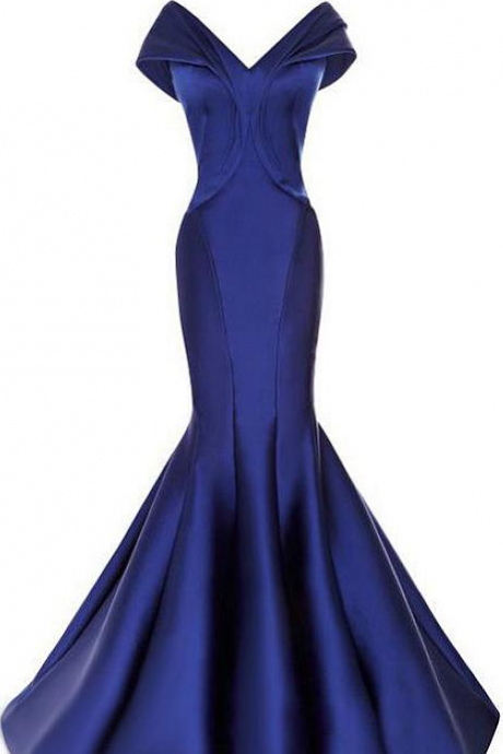 Blue Stunning Mermaid Satin Full Length Off The Shoulder Neckline Evening Party Dresses Ss2