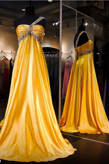 Yellow Sweetheart One Shoulder Beads A Shoulder Gown Evening Dress.
