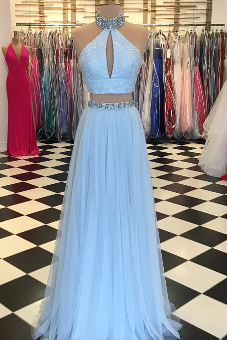 Light Blue Beaded Prom Dress High Neck Two Piece Split Formal Dress Evening Dresses