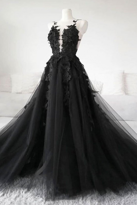 Custom Black Tulle Applique Long Prom Dress Fabulous Hand Made Black Evening Dress