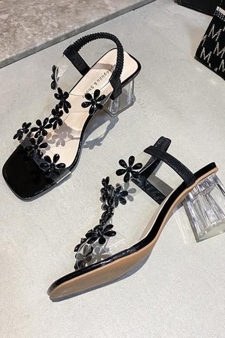 High-heeled Sandals Women's Summer New Style Fashion Small Flower Decoration Buckle Transparent Square Heel Women's Shoes FS06