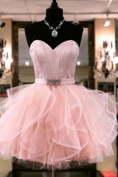 Ruffled Mini Short Cocktail Dresses Crystal Belt Pink Prom Evening Party Homecoming Dresses Ss14