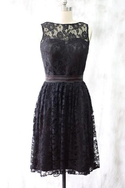 Black Lace Knee Length Short Bridesmaid Dress With Featuring Self Tie Sash Ss16