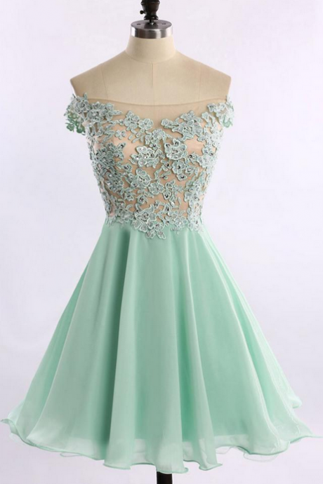 Off The Shoulder Green Chiffon Prom Dresses With Lace Appliques See-through Tulle Short Evening Party Dresses Ss20