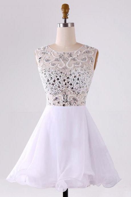 Cute Illusion Beaded White Chiffon Tulle Homecoming Dresses Short See-through Prom Dresses With Sparkle Beads Ss21