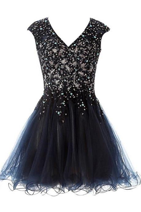 Black Princess Homecoming Dresses With Sparkly Sequins A-line V-neck Sexy Open Back Prom Party Dresses Ss22