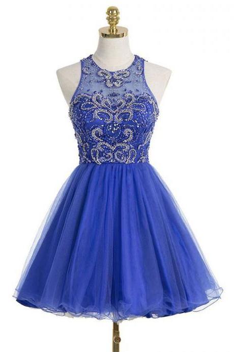 Short Princess Illusion Neck Tulle Homecoming Dress With Keyhole Back Royal Blue Party Prom Evening Dress With Gorgeous Beads Ss24