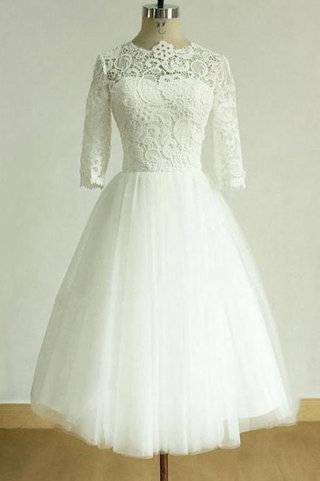 White Short Sleeve Wedding Dress Hand Made Custom Lace Evening Dress Round Collar Prom Dress Ss27