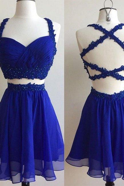 Hand Made Custom Simple Two Piece Prom Dress Royal Blue Short Homecoming Dress Ss30