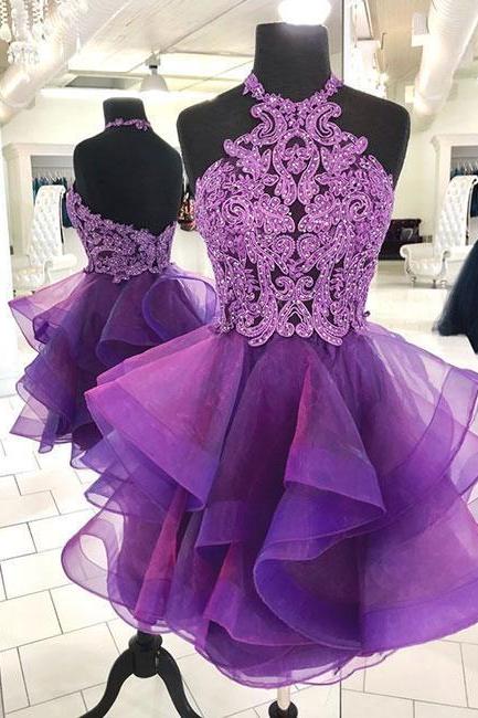 Cute Purple Tulle Lace Short Hand Made Prom Dress Purple Homecoming Dress Ss32