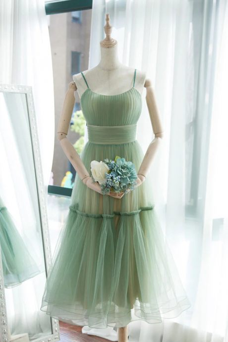 Simple A-line Strap Green Short Prom Dress Tulle Green Homecoming Prom Brithday Dress Ss46