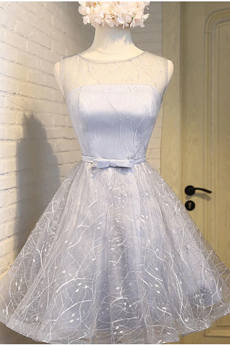 Hand Made Custom Shiny Silver Gray Short Lace Prom Dresses, Homecoming Graduation Evening Dresses Ss55