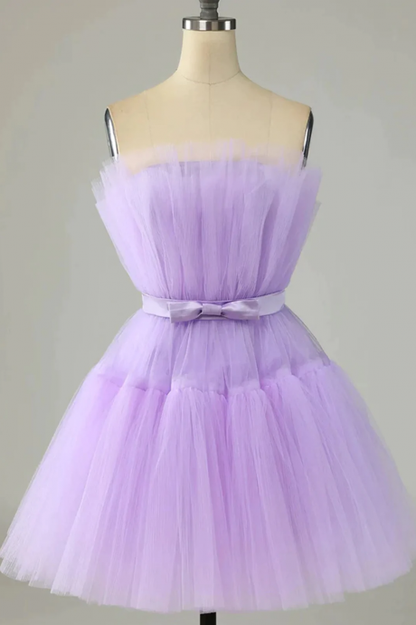 Short Purple Strapless Tulle Prom Dresses With Sash, Graduation Homecoming Evening Dresses Ss57