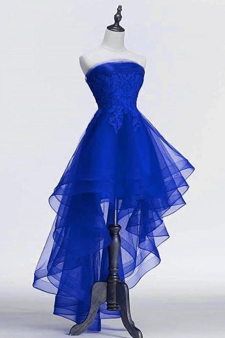 Tulle With Lace Applique High Low Prom Party Dress, Hand Made Custom Blue Homecoming Dress Ss59