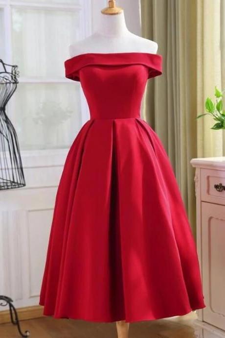 Simple Red Satin Tea Length Off Shoulder Prom Party Dress, Red Homecoming Evening Dress Ss61