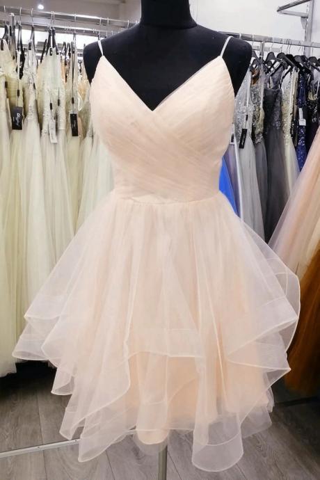Simple Light Champagne V-neckline Straps Evening Homecoming Dress, Tulle Short Prom Dress, Hand Made Graduation Dress Ss63
