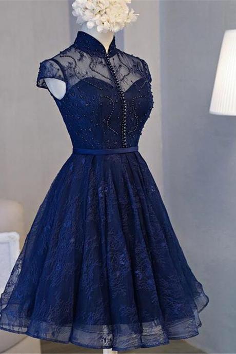 Short Navy Blue Knee Length Cap Sleeve Lace Party Dress Evening Prom Dress, Homecoming Dress Ss66