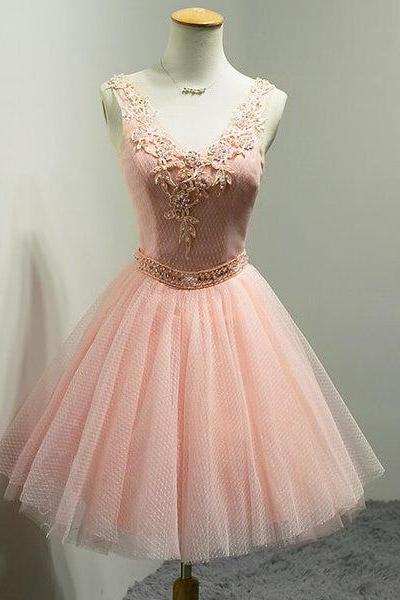 Pink V-neckline Beaded Tulle Short Party Dress, Hand Made Knee Length Homecoming Dress, Custom Prom Dress Ss67