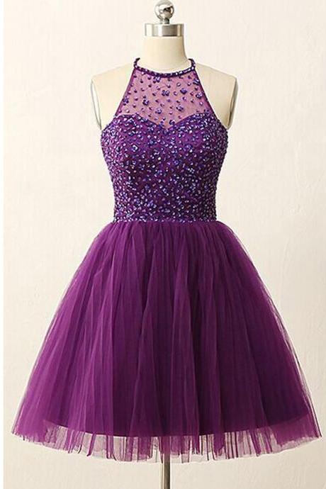 Hand Made Custom Homecoming Dress,open Back Illusion Back Purple Prom Dress With Sequins Crystal,tulle Short Evening Dress,purple Graduation
