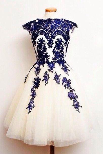 Custom Made Vintage Prom Dress, Mini Short Homecoming Dresses, Royal Blue Lace Applique Evening Gowns Ss79