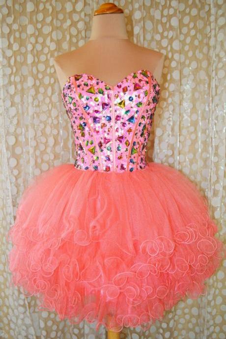 Hand Made Sweetheart Beaded Sleeves Ball Gown Coral Pink Short Prom Gowns Evening Dresses Gowns Homecoming Graduation Cocktail Party Dresses Ss83