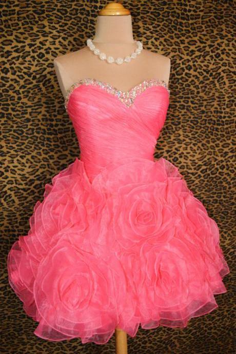 Custom Hand Made Watermelon Pink Sweetheart Ball Gown Organza Short Prom Dresses Formal Evening Dresses Cocktail Party Dresses Ss84