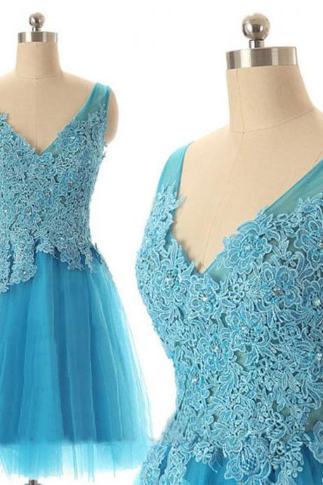 Tulle Blue Homecoming Dress,lace Evening Dress,short Prom Dress Ss88