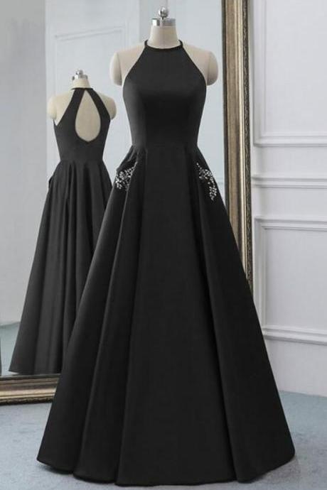 Simple A Line Black Satin Open Back Prom Dress, Evening Dress Ss94