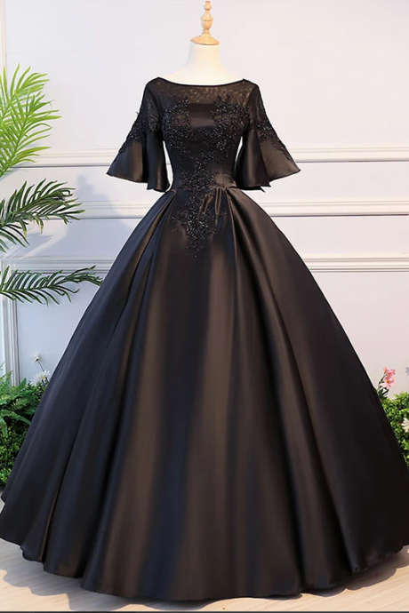 Hand Made Black Round Neck Satin Lace Applique Long Prom Dress, Sweet Evening Dress Ss95